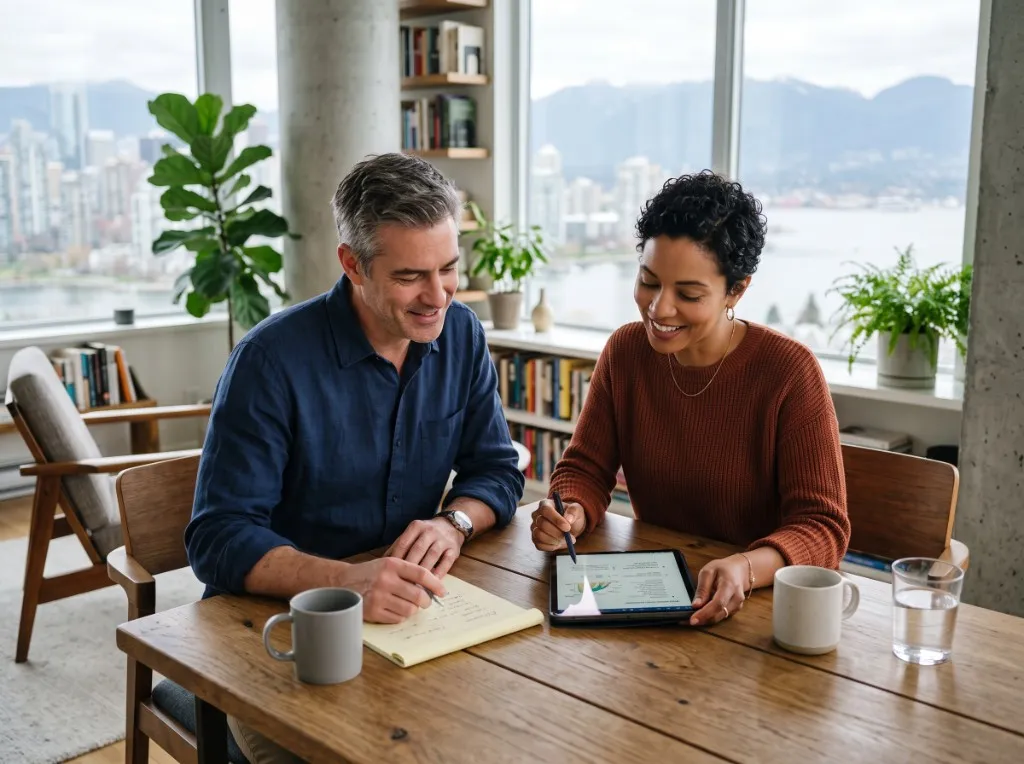 Alberta adult and legal representative reviewing notes and a tablet together at a dining table