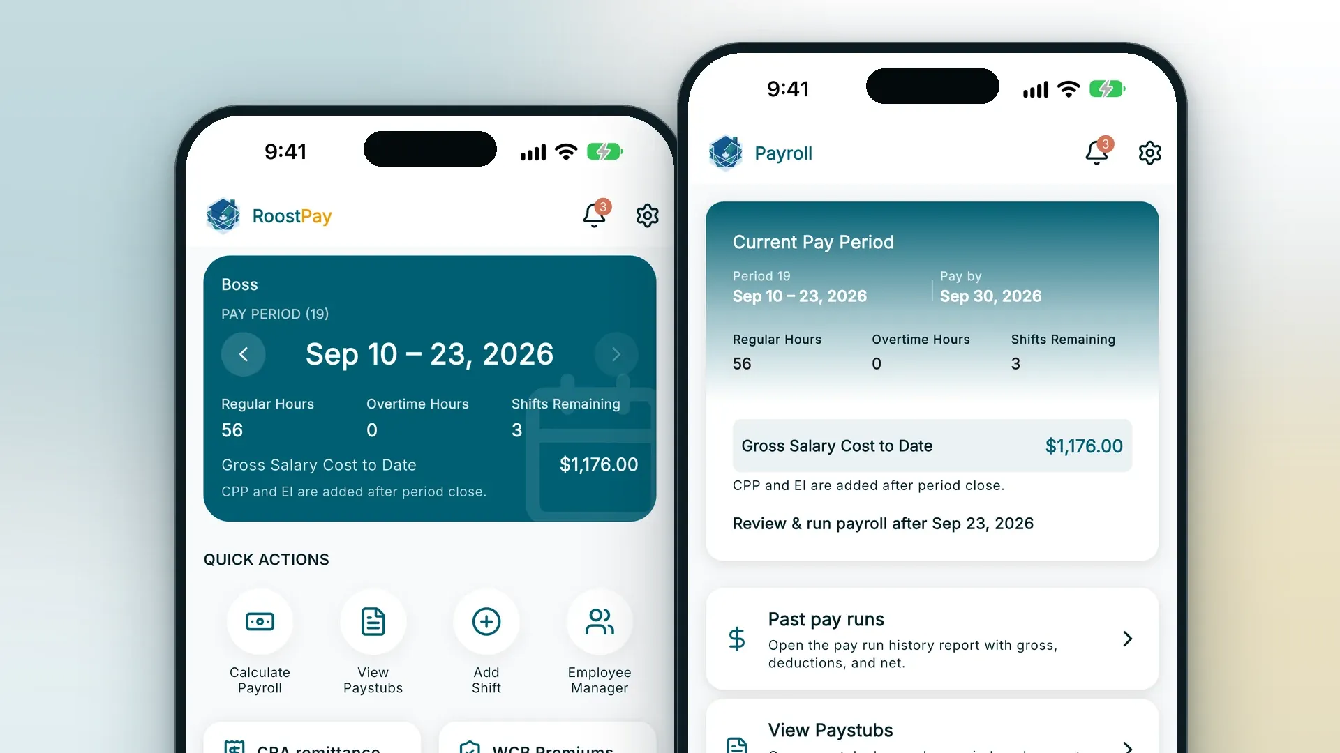 RoostPay app on two phones showing the home dashboard with the current pay period and gross salary cost, and the Payroll screen with past pay runs and paystubs