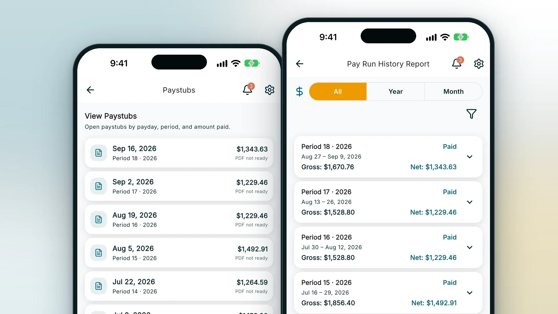 RoostPay app on two phones showing a list of paystubs and a pay run history report with gross and net pay for each period