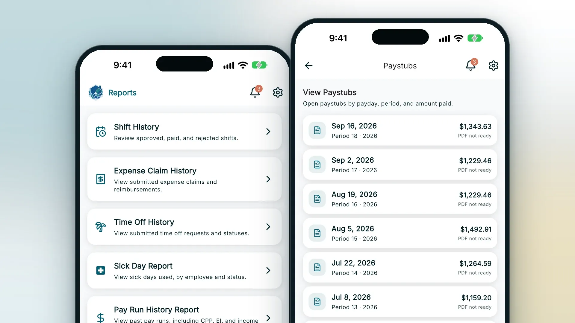 RoostPay app on two phones showing a reports menu with shift history and pay run history, and a list of paystubs by payday