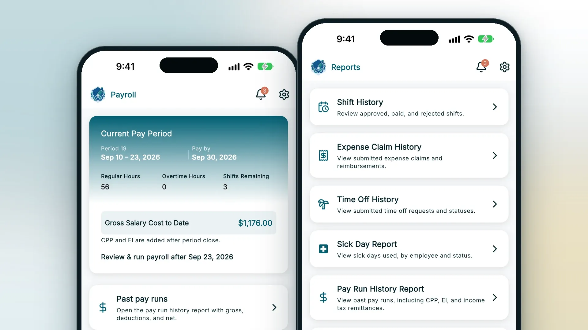 RoostPay app on two phones showing the current pay period with gross salary cost and a reports menu with pay run history and T4 year-end taxes