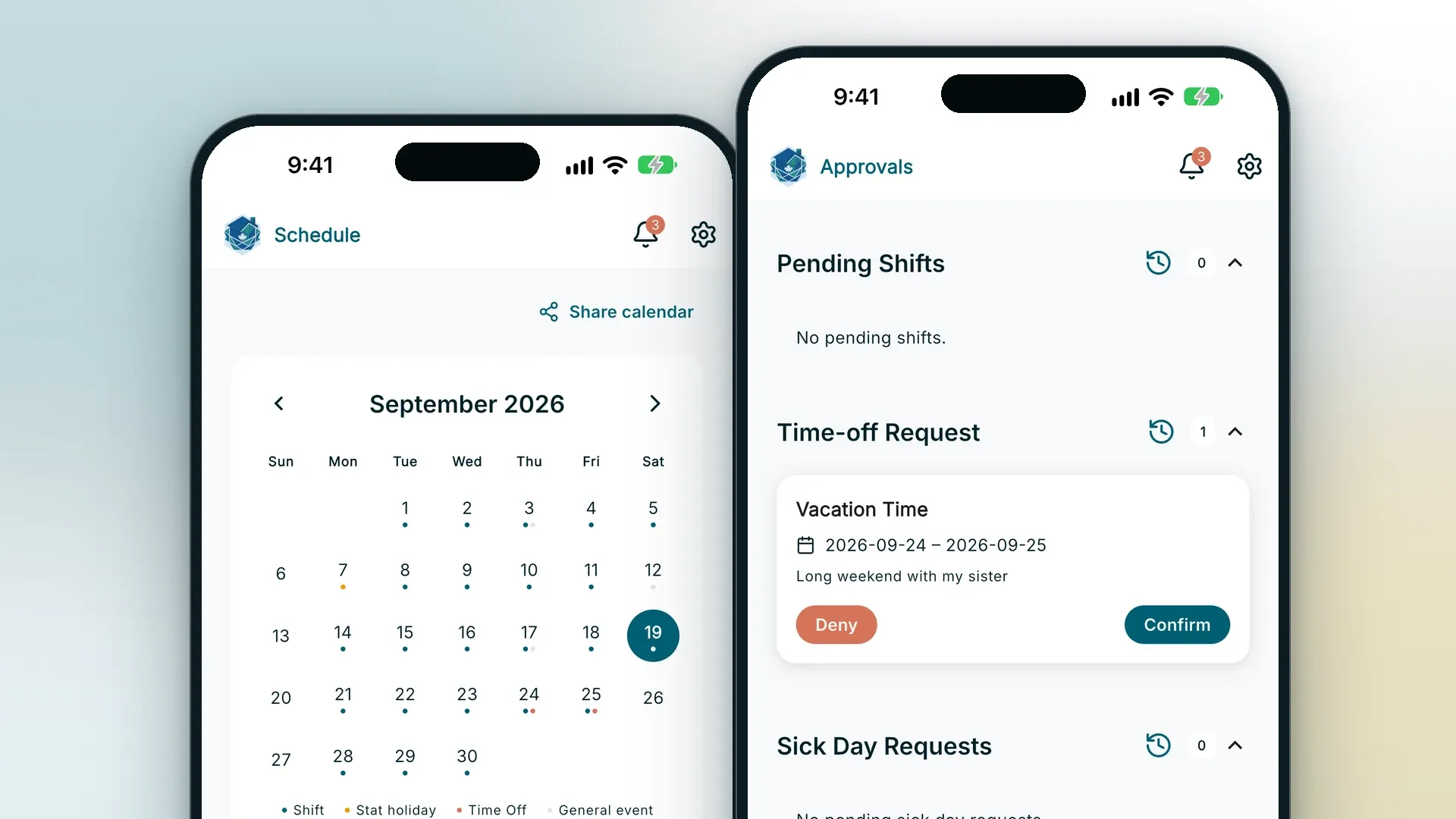 RoostPay app on two phones showing a monthly shift calendar and an approvals screen with time-off request buttons