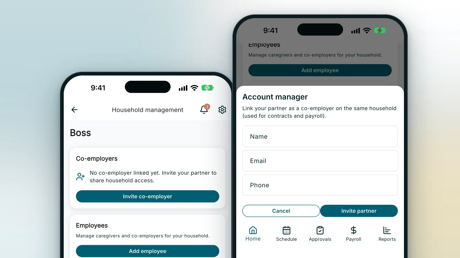 RoostPay app on two phones showing Household management with an Invite co-employer button and the invite form for adding a second person to the account