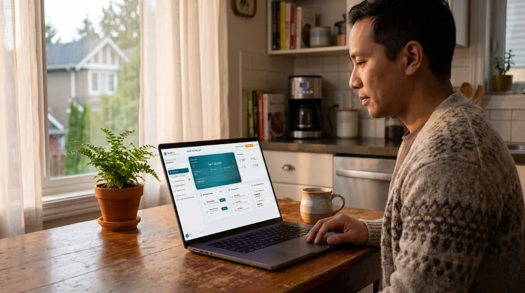 Man reviewing a caregiver payroll dashboard on a laptop at a wooden kitchen table, with a house visible through the window
