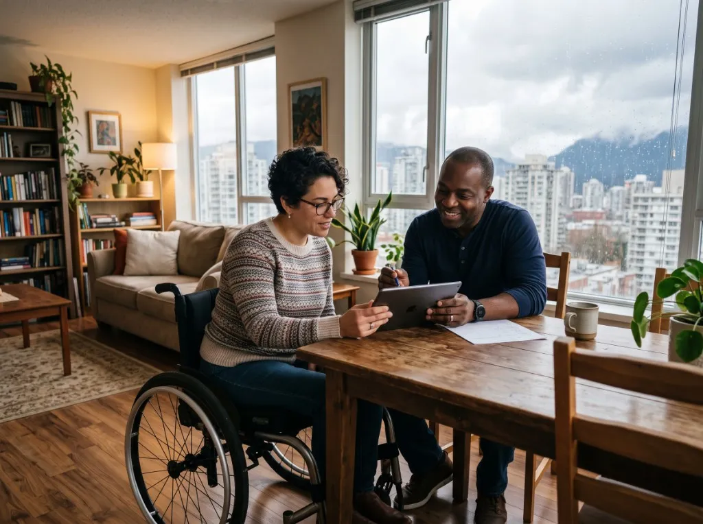 Adult CSIL client and support worker reviewing a weekly care schedule together in a Vancouver apartment living room