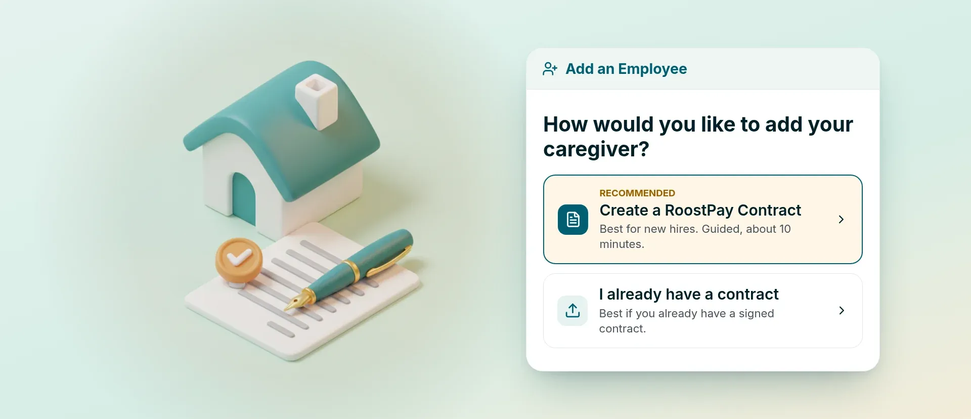 House and signed contract illustration beside the RoostPay create contract screen