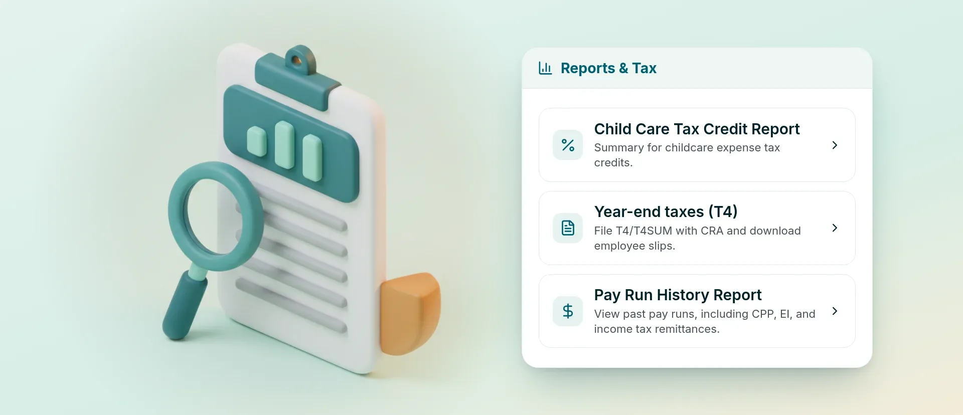 Clipboard chart illustration beside RoostPay child care, T4 and pay run reports