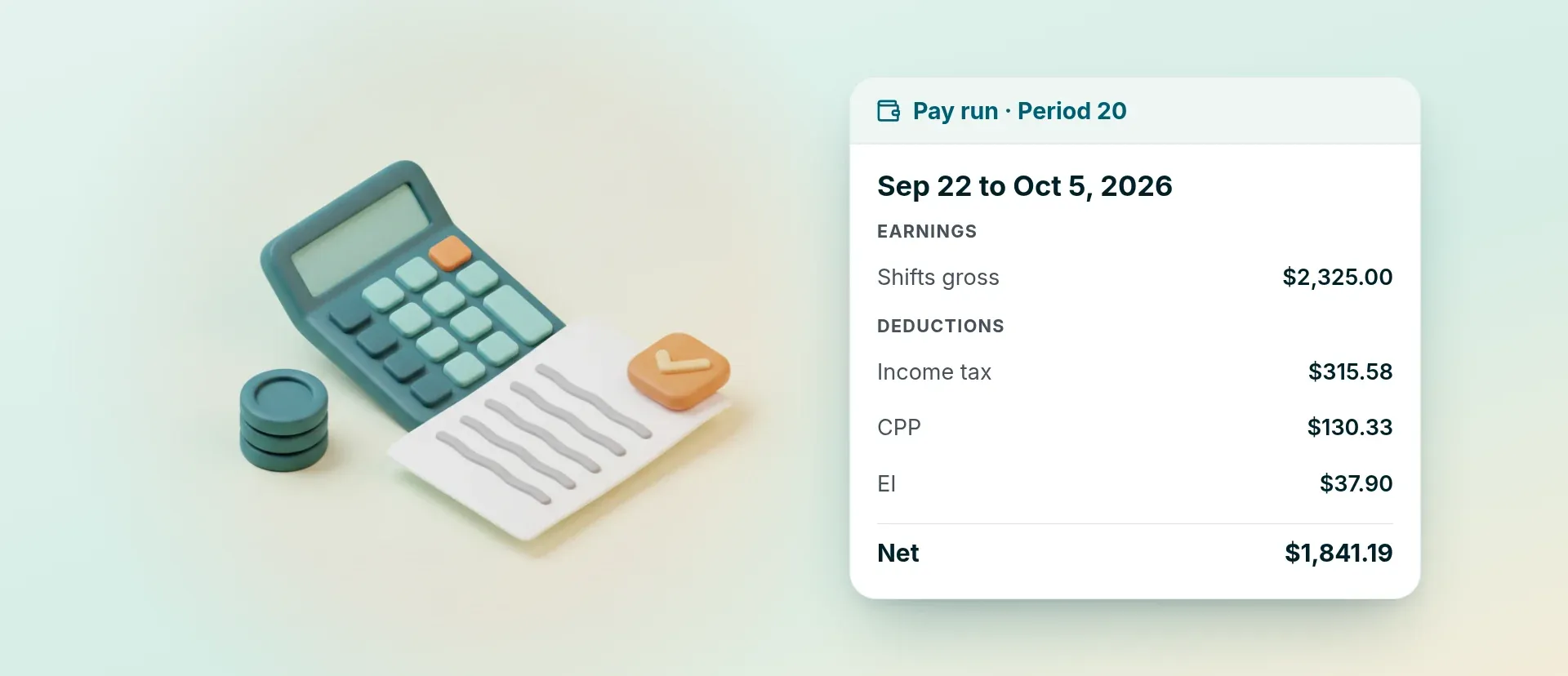 Calculator and pay slip illustration beside a RoostPay pay run deductions breakdown