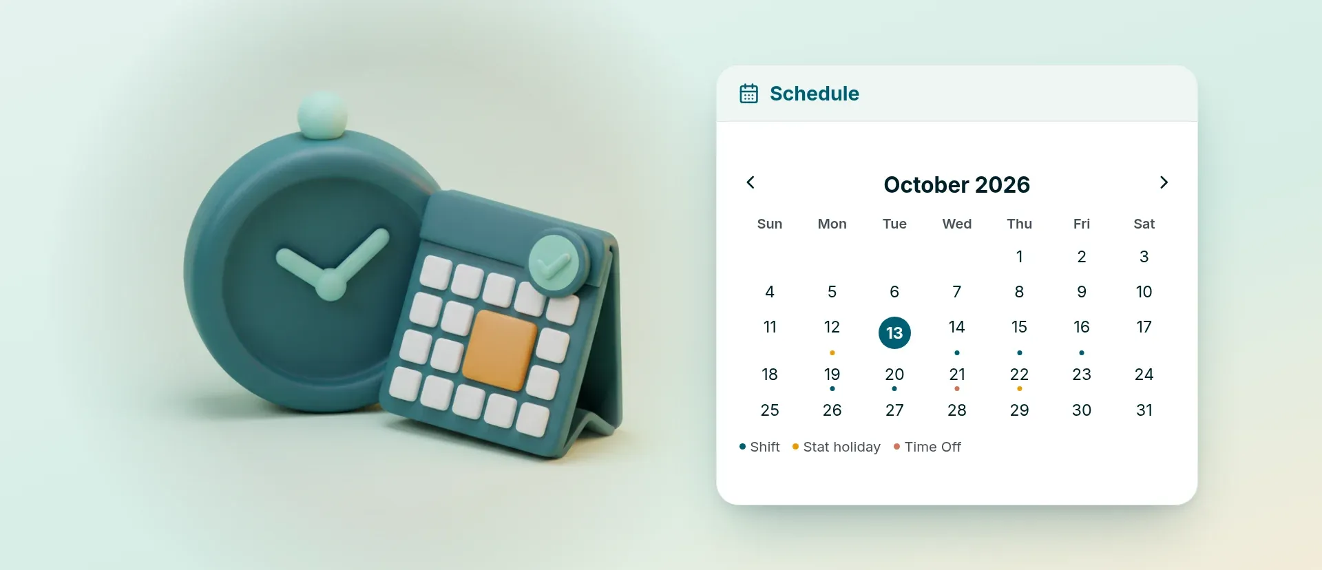 Clock and calendar illustration beside the RoostPay monthly caregiver schedule calendar