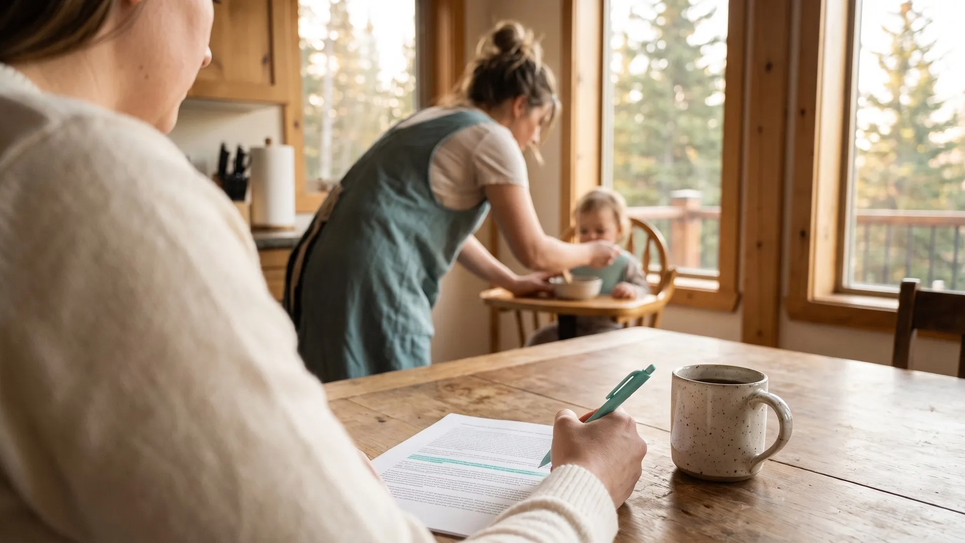 A parent at a wooden kitchen table holds a teal pen over a nanny contract with one clause highlighted, while the nanny feeds a toddler in a high chair by the windows.