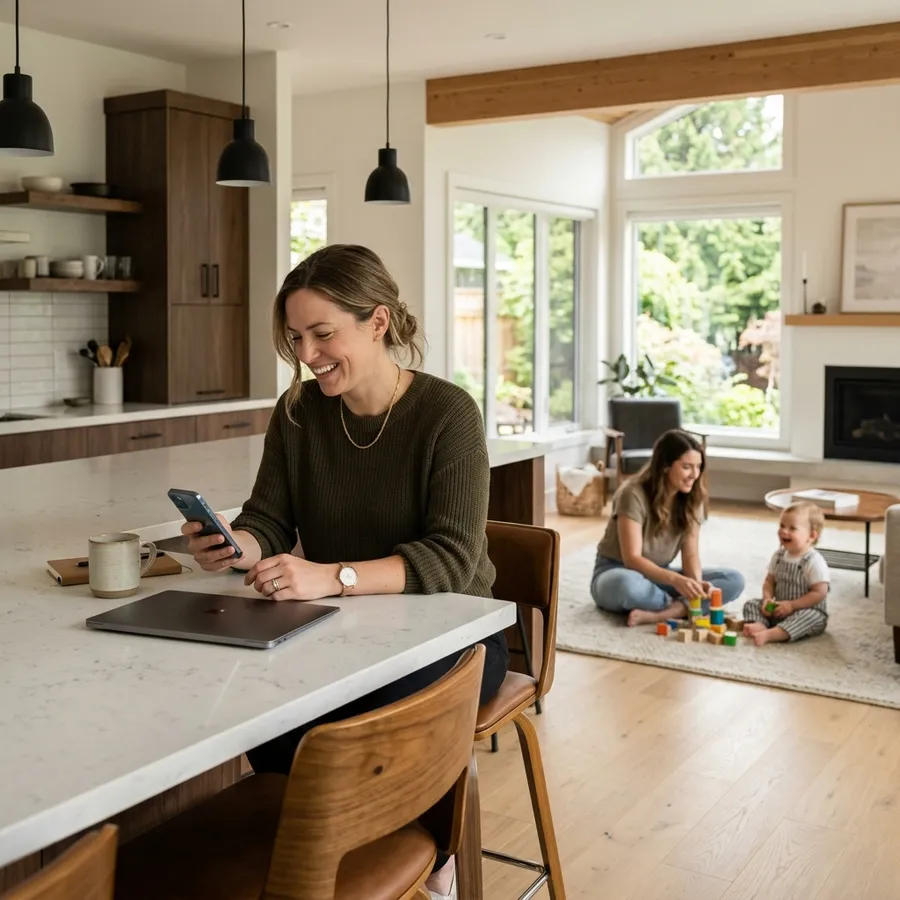 Parent working stress-free while nanny cares for child