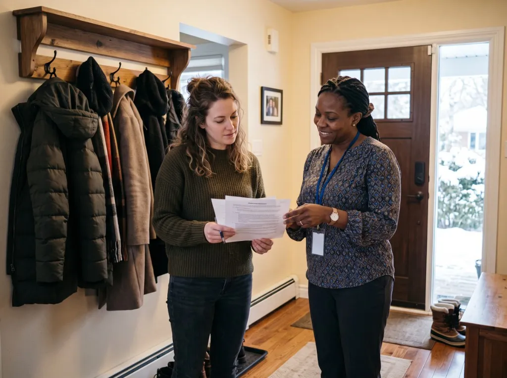 Ontario family member reviewing a private PSW employment agreement with a personal support worker in a home hallway