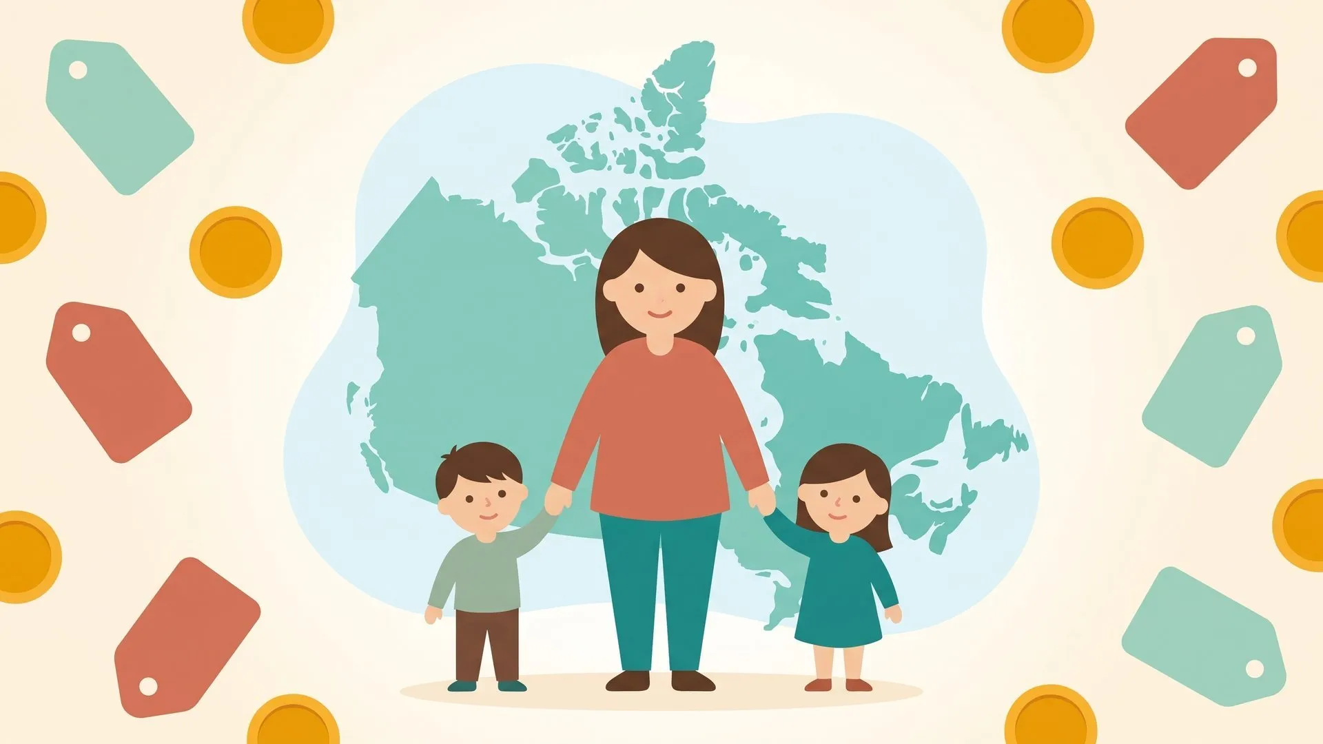 A smiling nanny holding hands with two young children in front of a soft teal map of Canada, surrounded by gold coins and wage tags