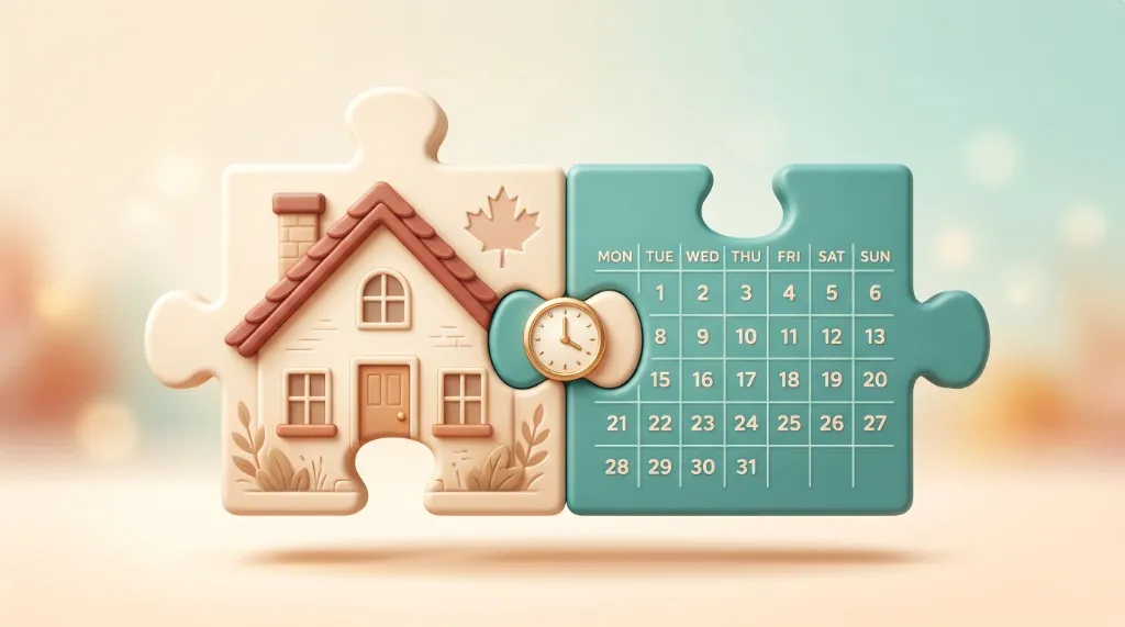 Cream house puzzle piece clicking into a teal weekly calendar, joined by a gold clock, illustrating a nanny schedule that fits a Canadian family home