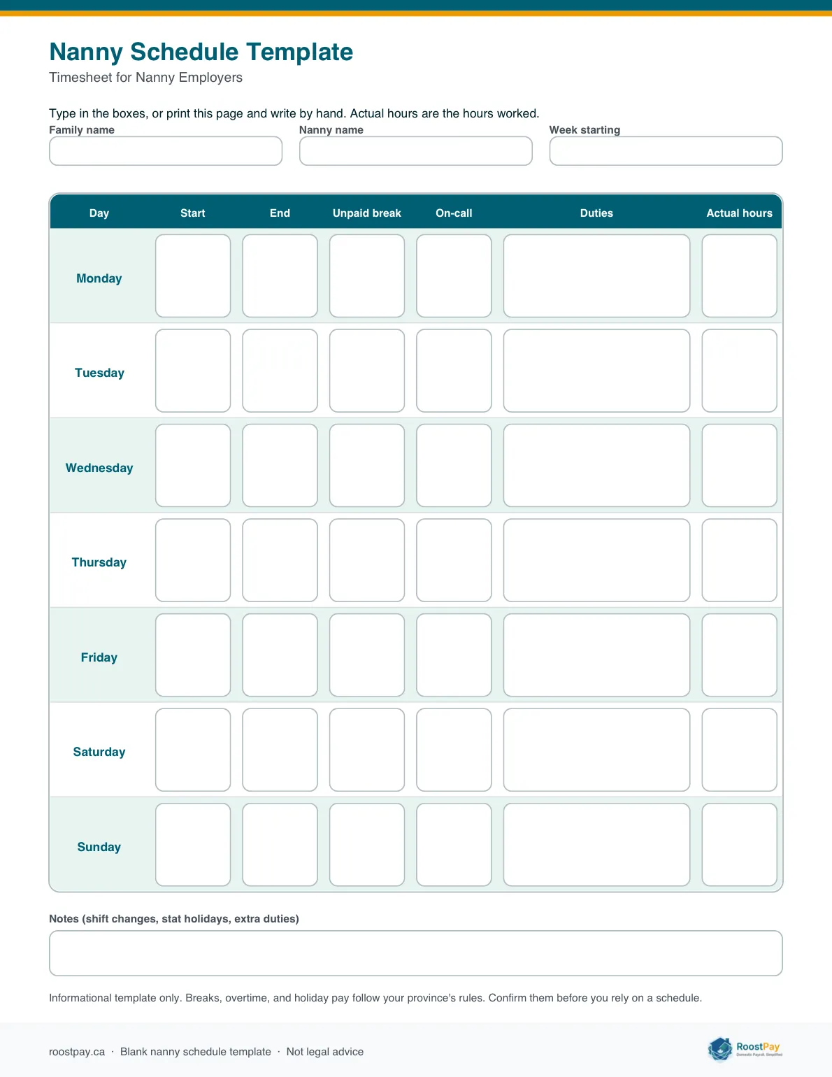 Blank one-week nanny schedule template PDF with columns for start time, end time, breaks, on-call and actual hours