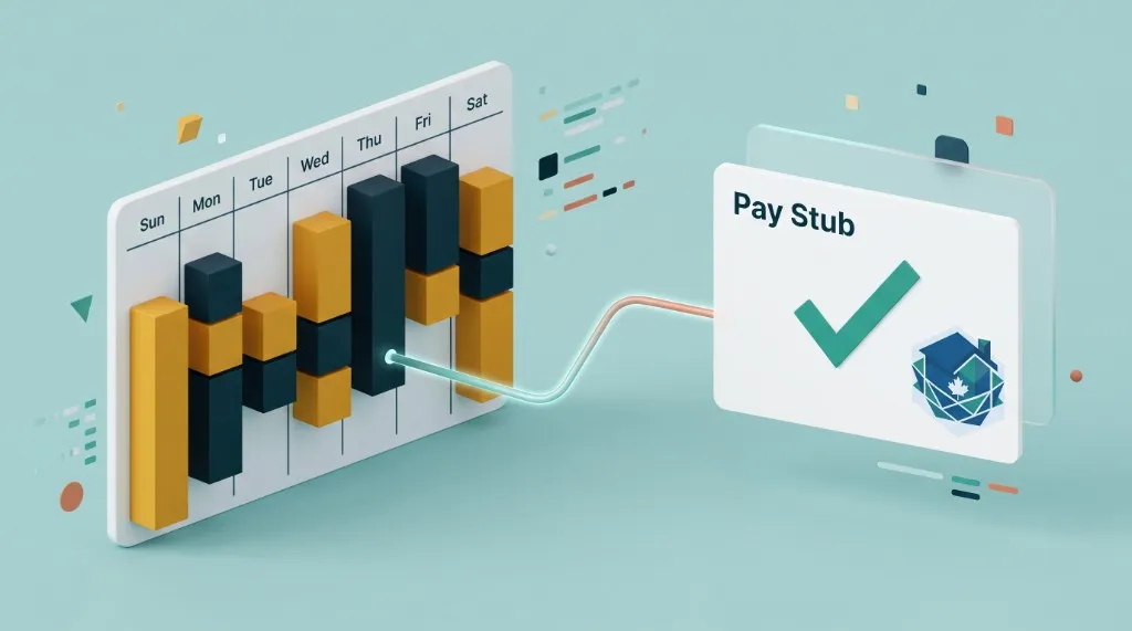 3D illustration of a weekly calendar with uneven daily hour bars connected to a verified RoostPay pay stub, representing variable nanny shift payroll in Canada