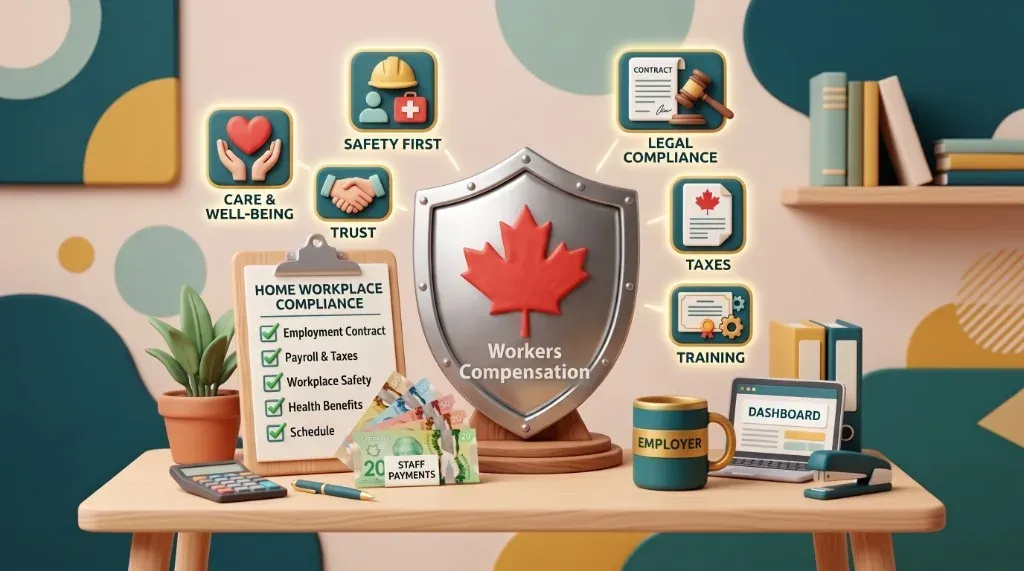 Illustrated desk with a Canadian maple-leaf workers compensation shield, home workplace compliance checklist, employer mug, and payroll dashboard for household nanny employers