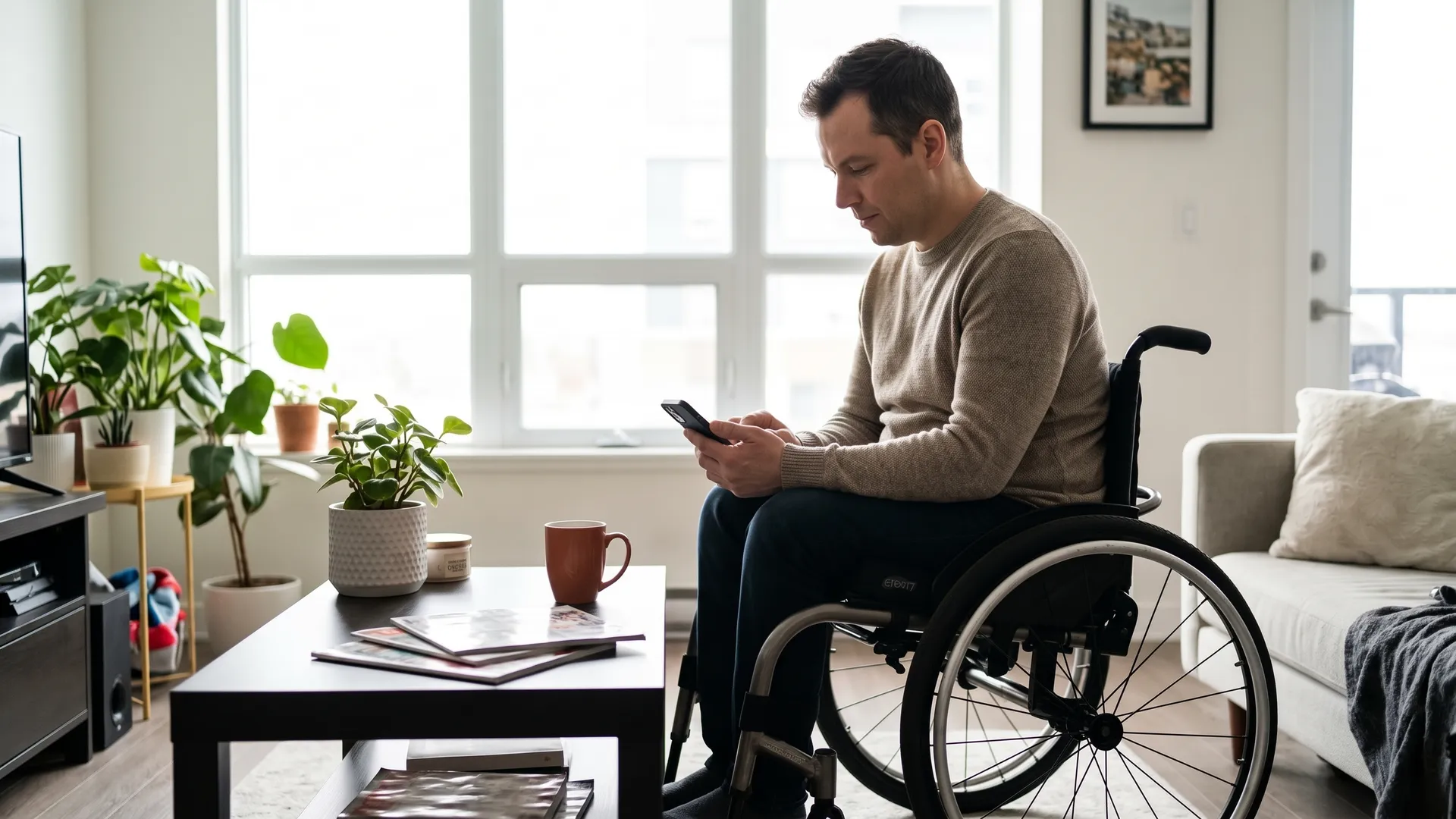 Adult with a disability reviewing a support worker pay stub on a laptop at home