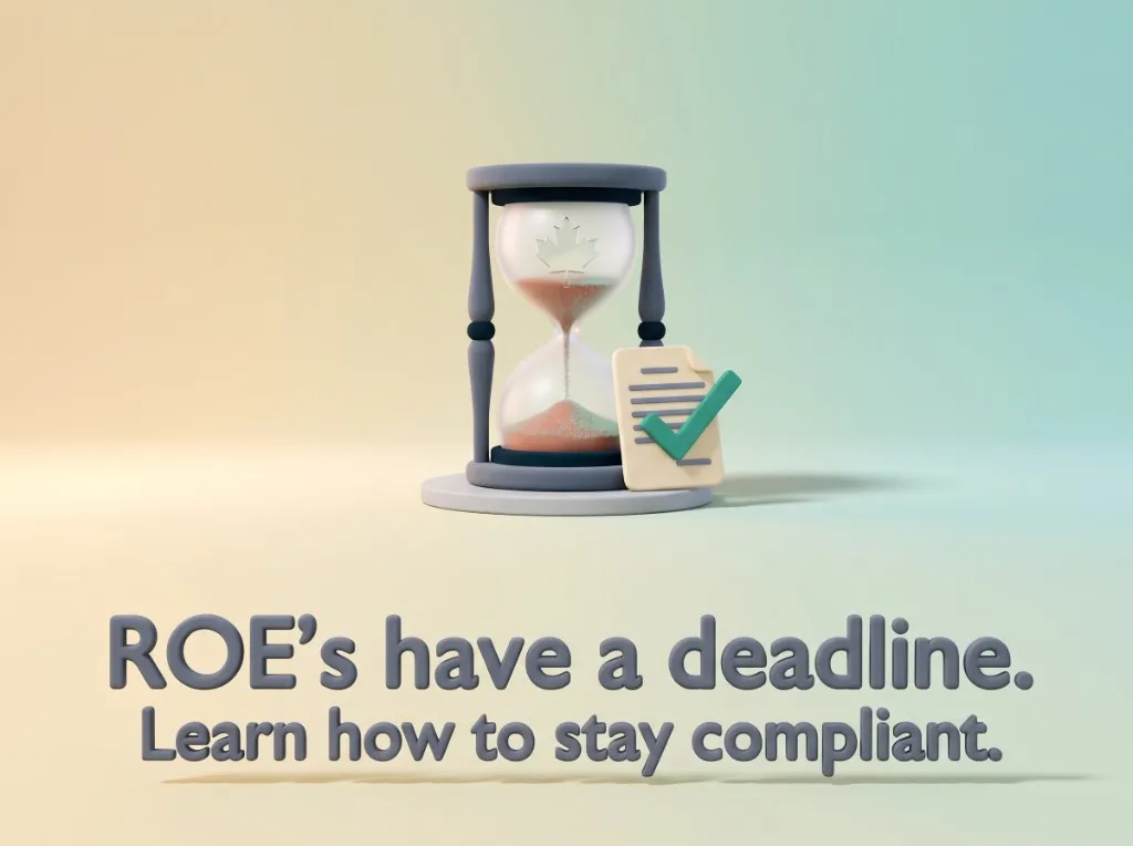 3D illustration of an hourglass with a Canadian maple leaf beside a completed checklist, captioned that ROEs have a deadline and how household employers stay compliant