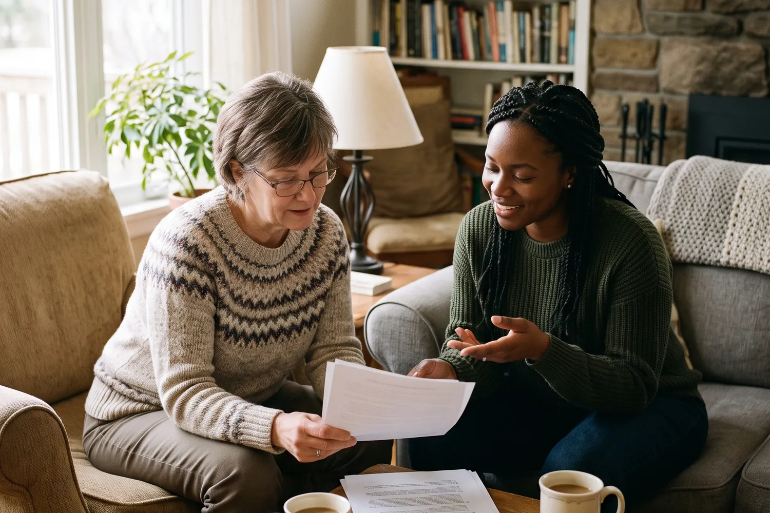 Family member and private caregiver reviewing a written employment agreement in a living room