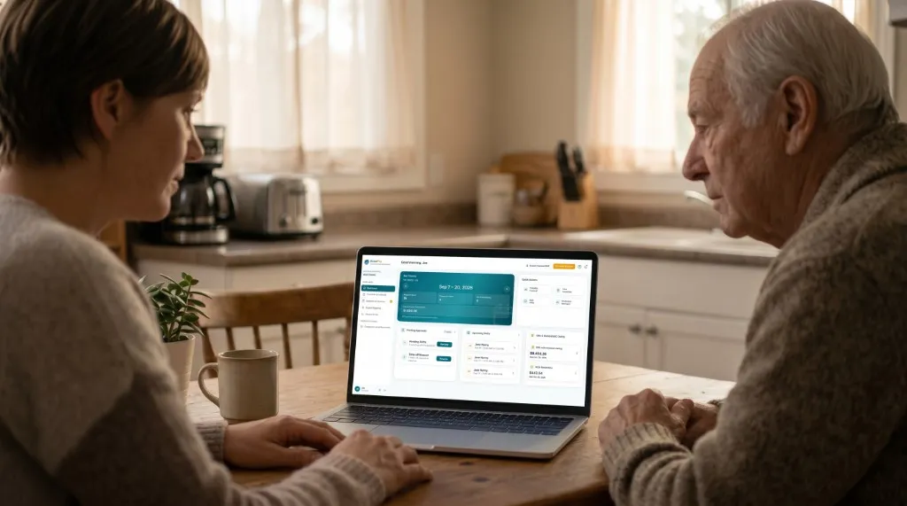 Adult daughter and her father reviewing caregiver payroll on a laptop at their kitchen table