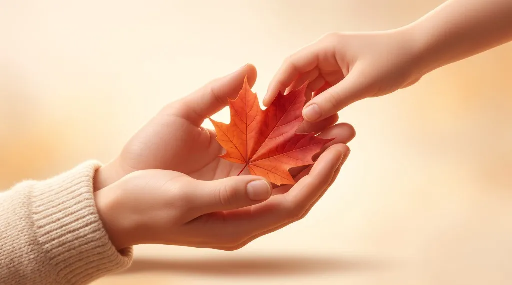 Adult hands in a cream sweater and a child's hand sharing a red Canadian maple leaf, a warm illustration of a family's Thanksgiving thank you to their nanny