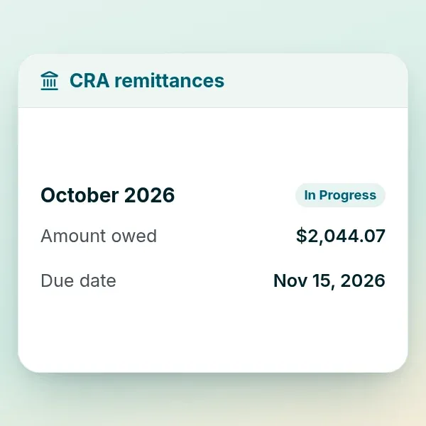 Monthly CRA remittance card in RoostPay with amount owed and due date