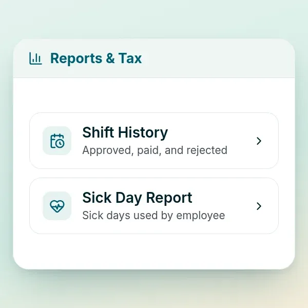 Shift history and sick day report options in the RoostPay reports hub
