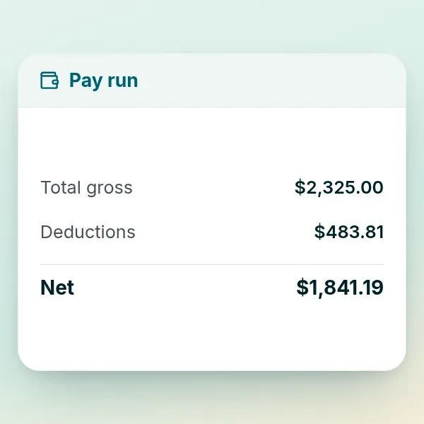 Pay run breakdown in RoostPay showing CPP, EI, income tax and net pay