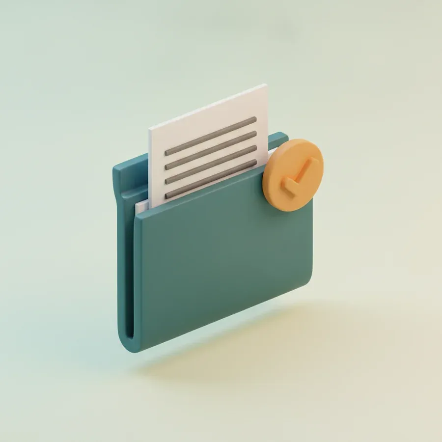 Teal document folder with a tax form and an amber checkmark badge