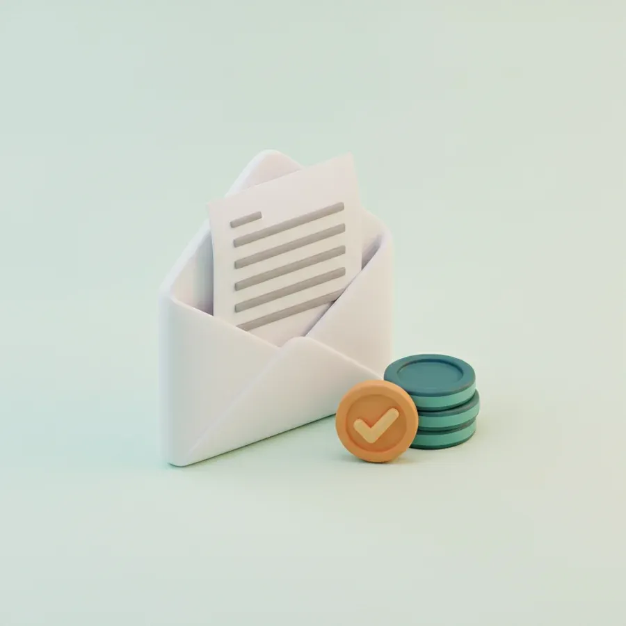 Open envelope holding a pay stub beside teal coins and a checkmark