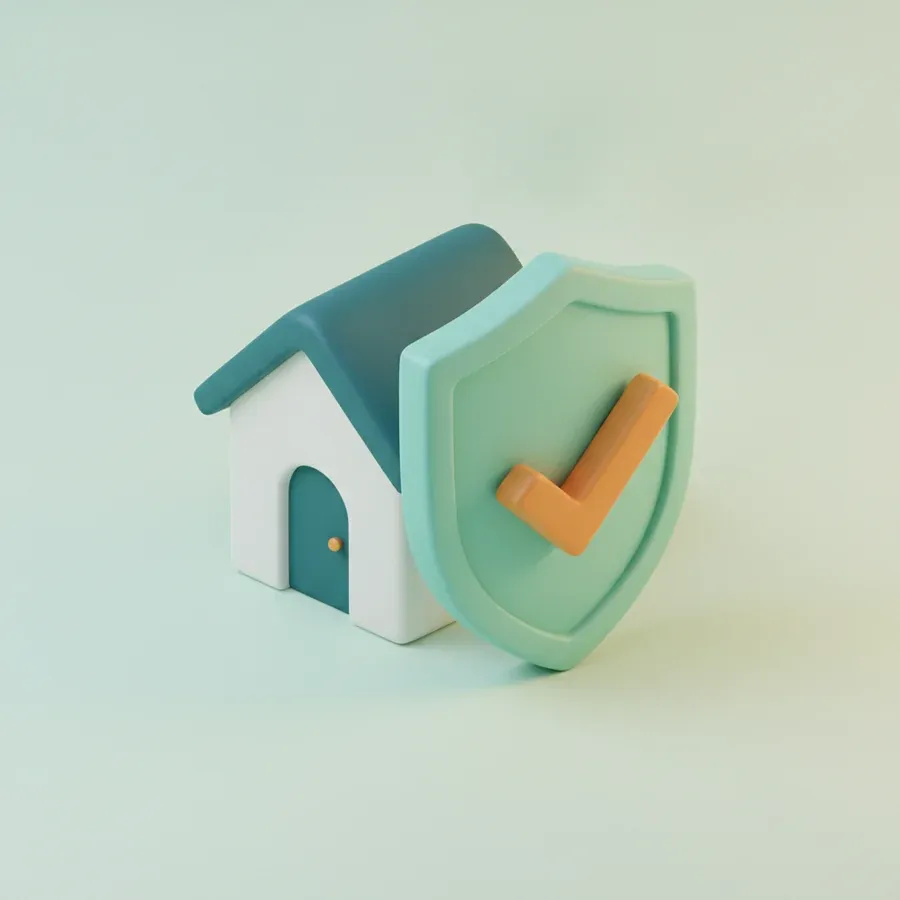 Small house protected by a teal shield with an amber checkmark