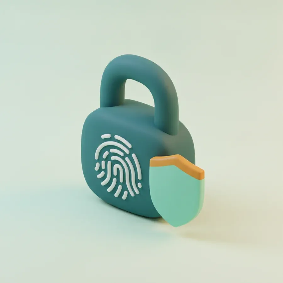 Teal padlock with a fingerprint and a small shield for data security
