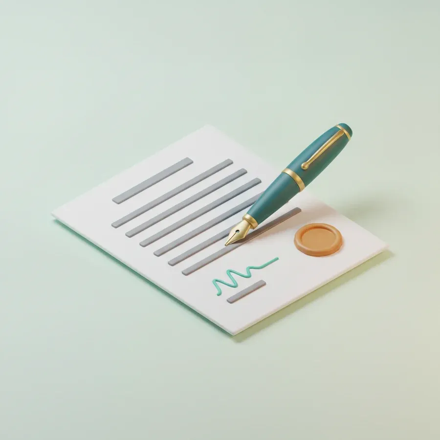 Signed employment contract with a teal fountain pen and an amber seal