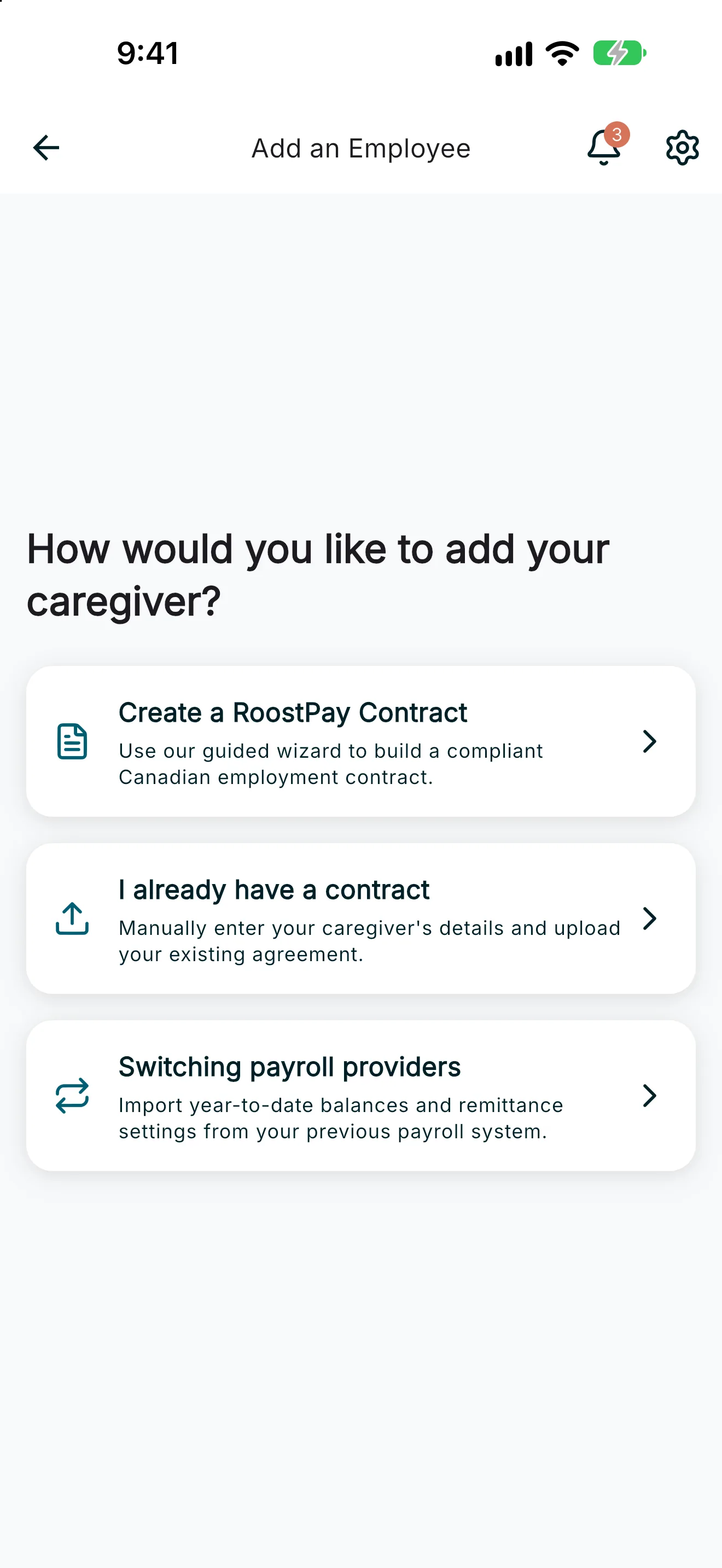 Add an Employee screen with three options: Create a RoostPay Contract, I already have a contract, and Switching payroll providers