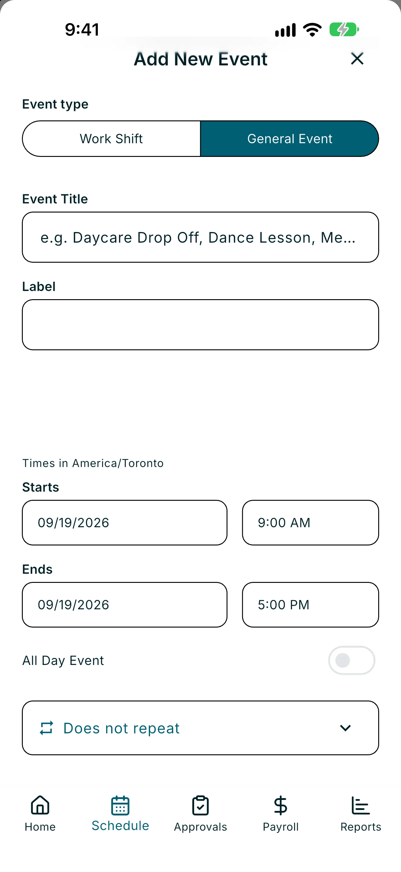 Add General Event form with title, all-day toggle, and Save Event button
