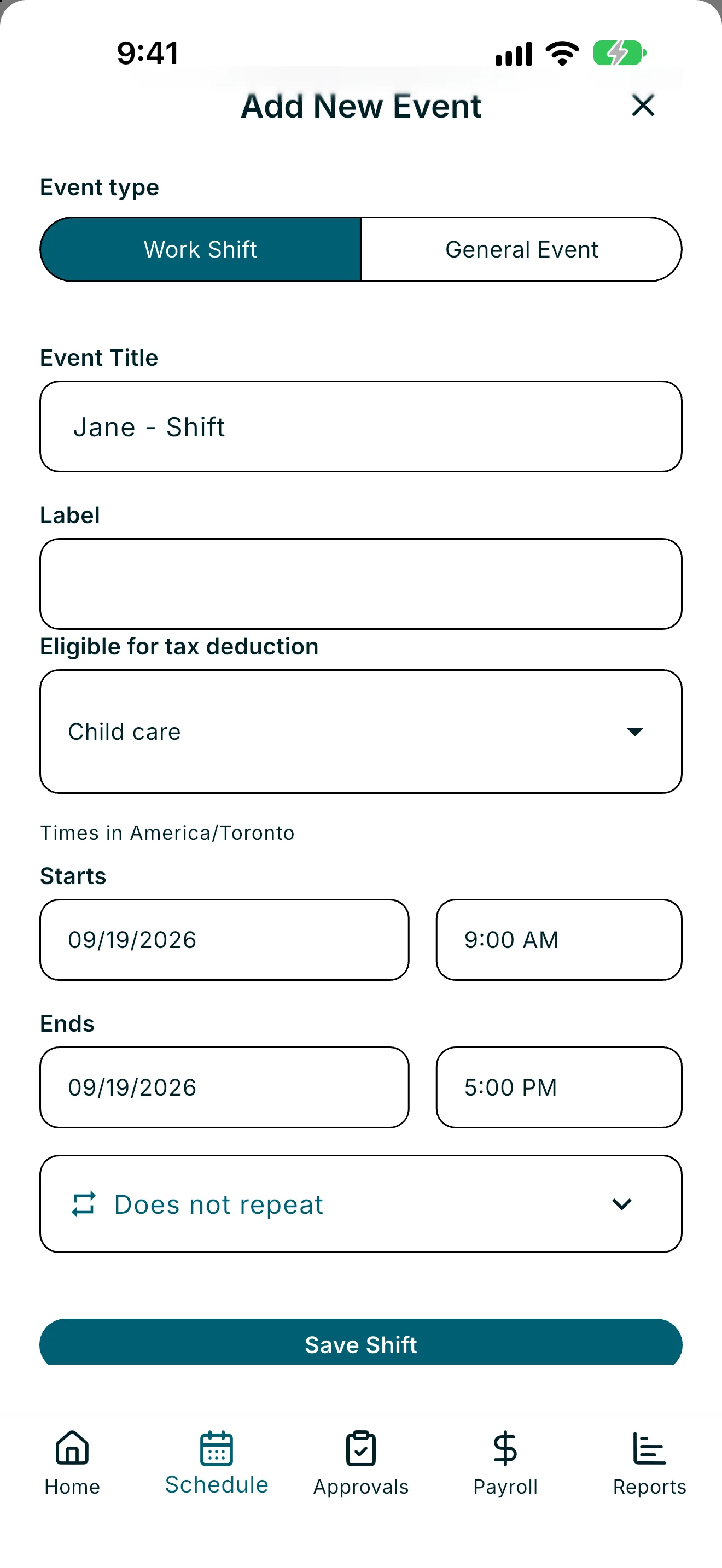 Add Work Shift form with employee, title, dates, and Save Shift button