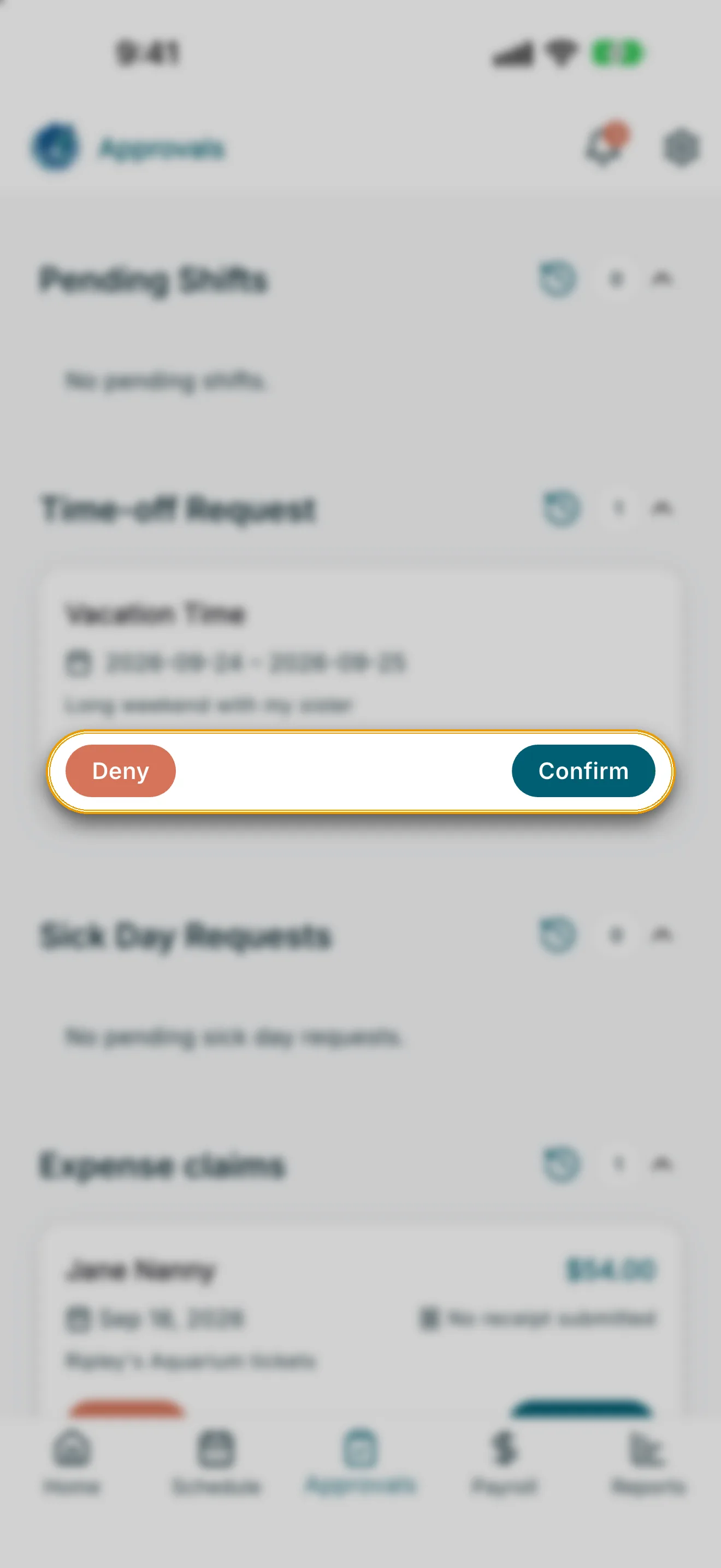 Approvals screen with Deny and Confirm buttons highlighted on a vacation request