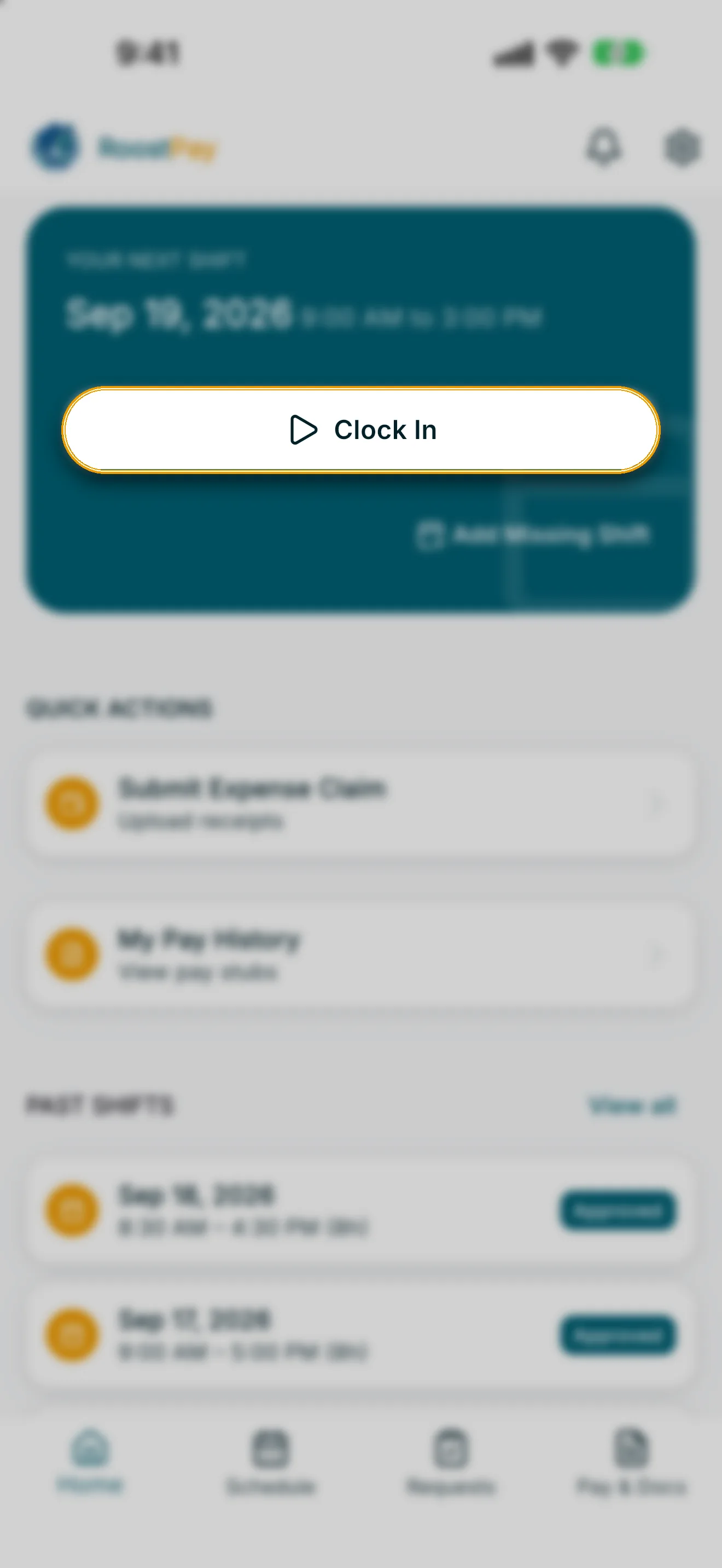 Caregiver Home with the Clock In button highlighted on the next shift card