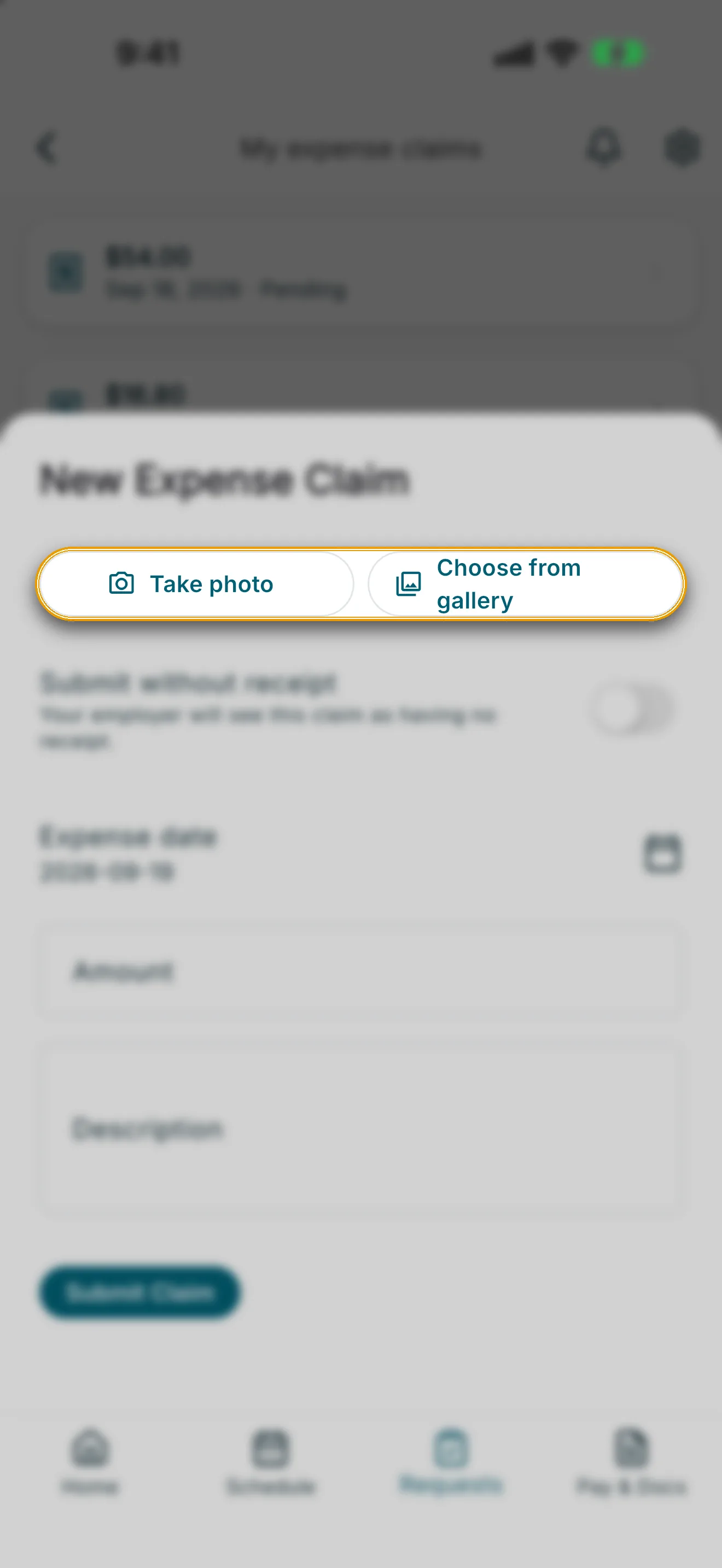 New Expense Claim form with Take photo and Choose from gallery highlighted