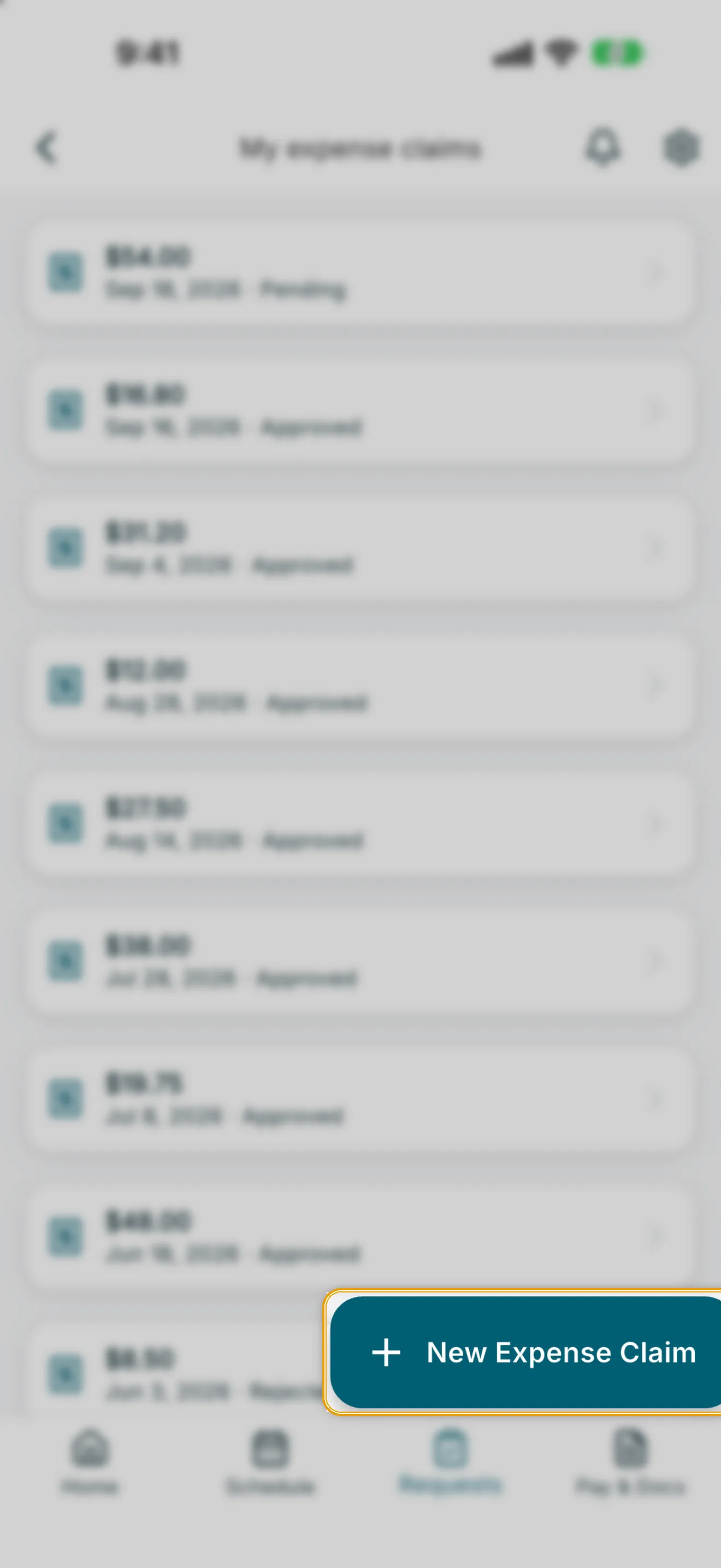 My expense claims list with New Expense Claim button highlighted