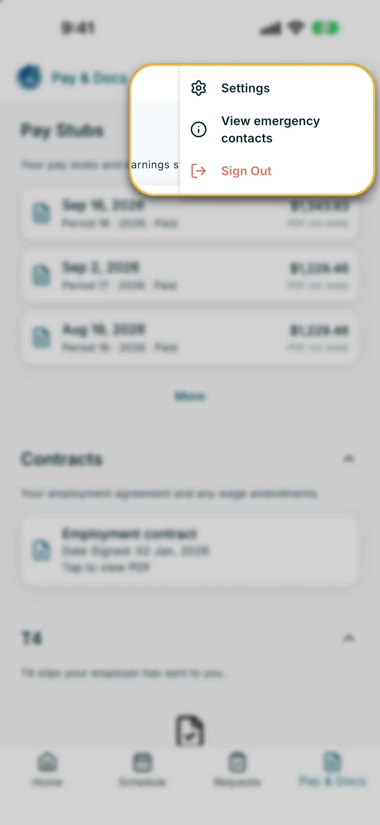 Pay and Docs screen with the header gear menu open showing Settings