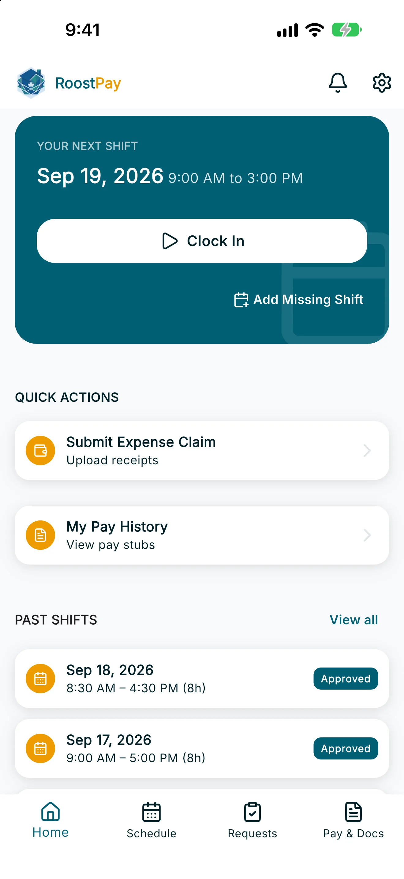 Caregiver Home screen with next shift card, quick actions, and past shifts