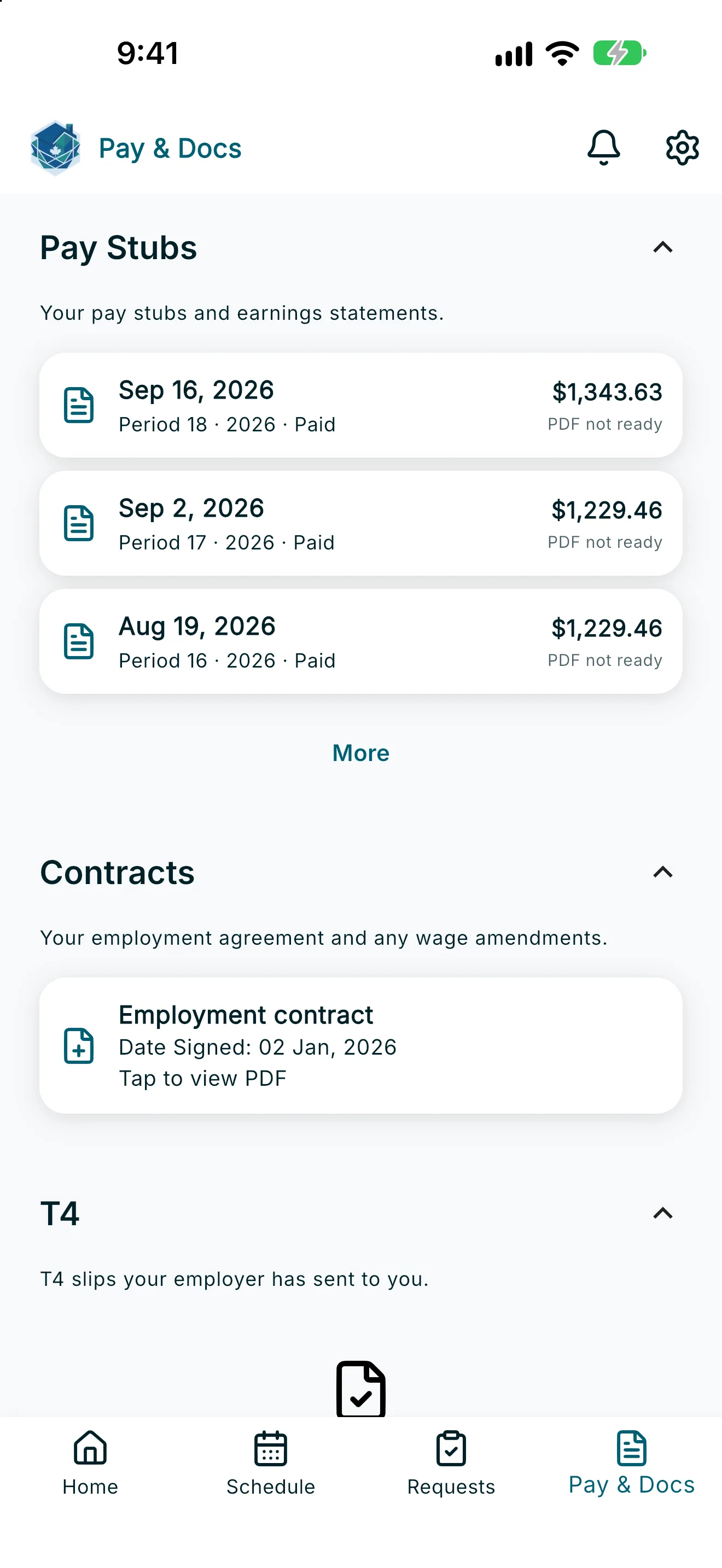 Pay and Docs screen showing Pay Stubs, Contracts, and T4 sections