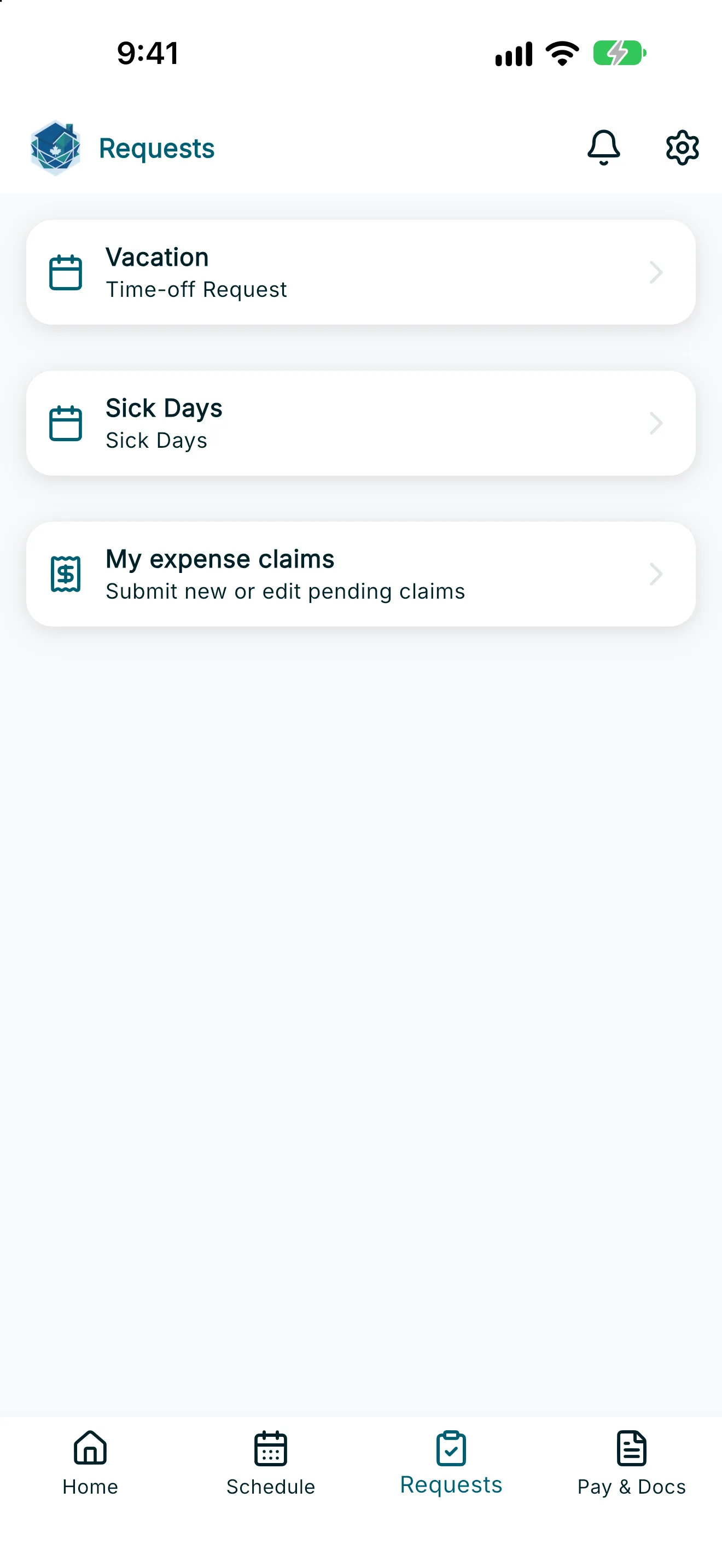 Requests hub with Vacation, Sick Days, and My expense claims cards