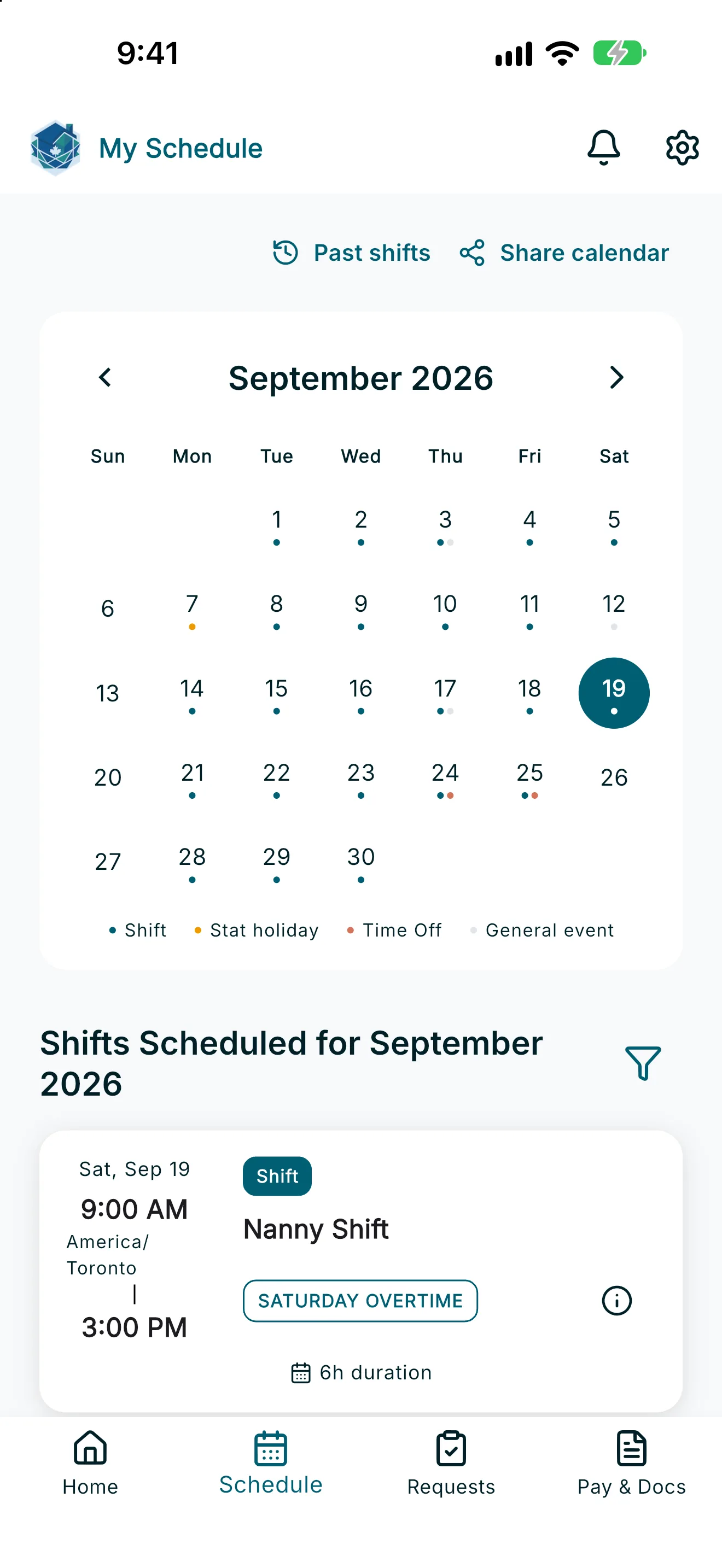My Schedule screen with monthly calendar and shift details