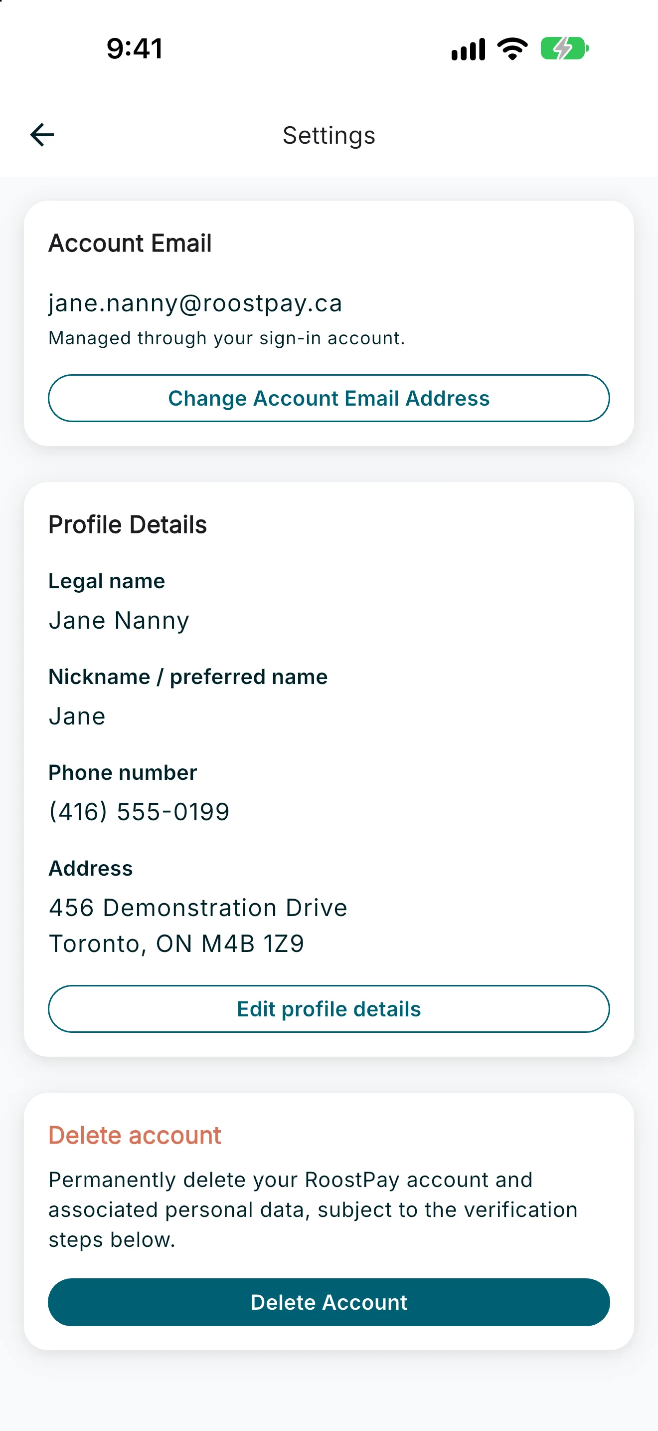 Account settings showing email, profile details, and Delete Account