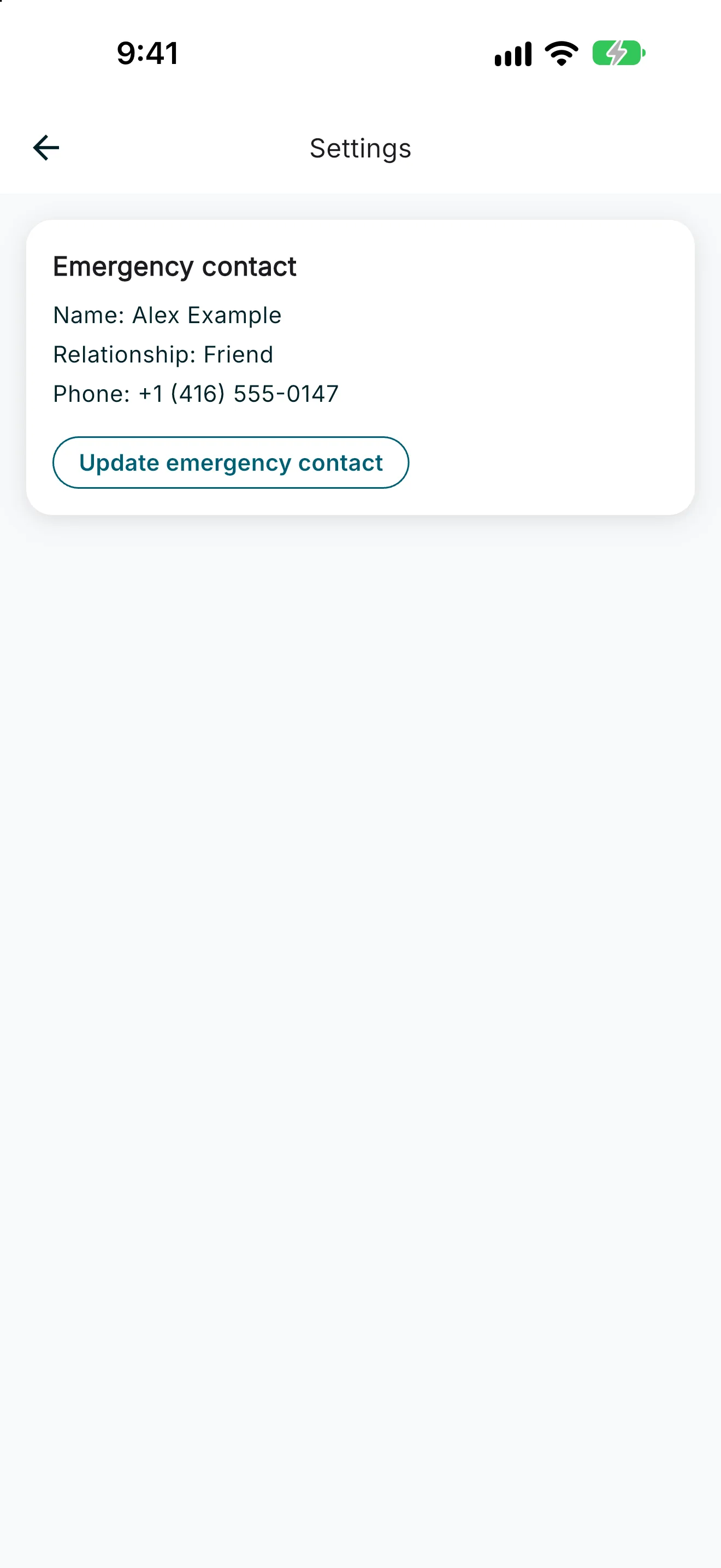 Employment settings showing emergency contact details