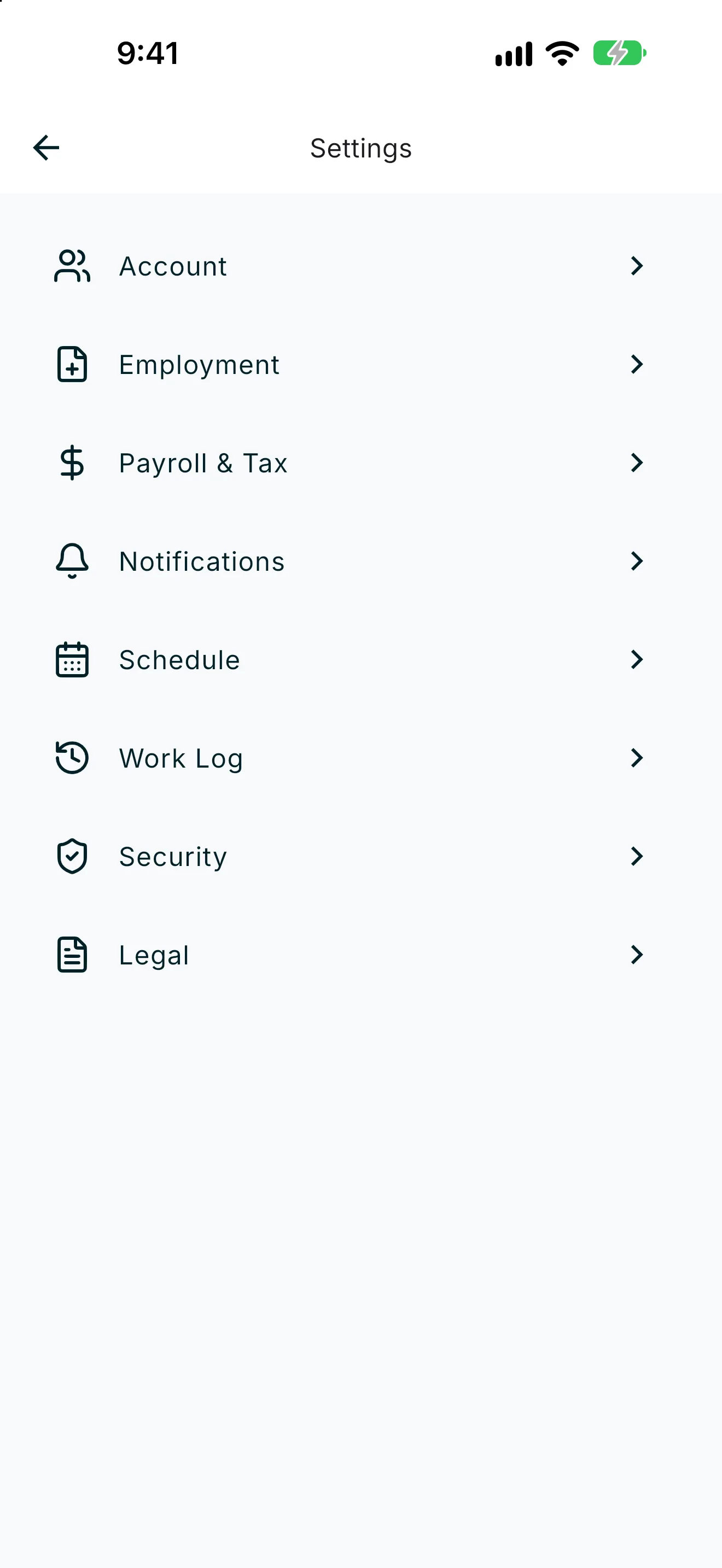 Settings hub with Notifications and Security rows