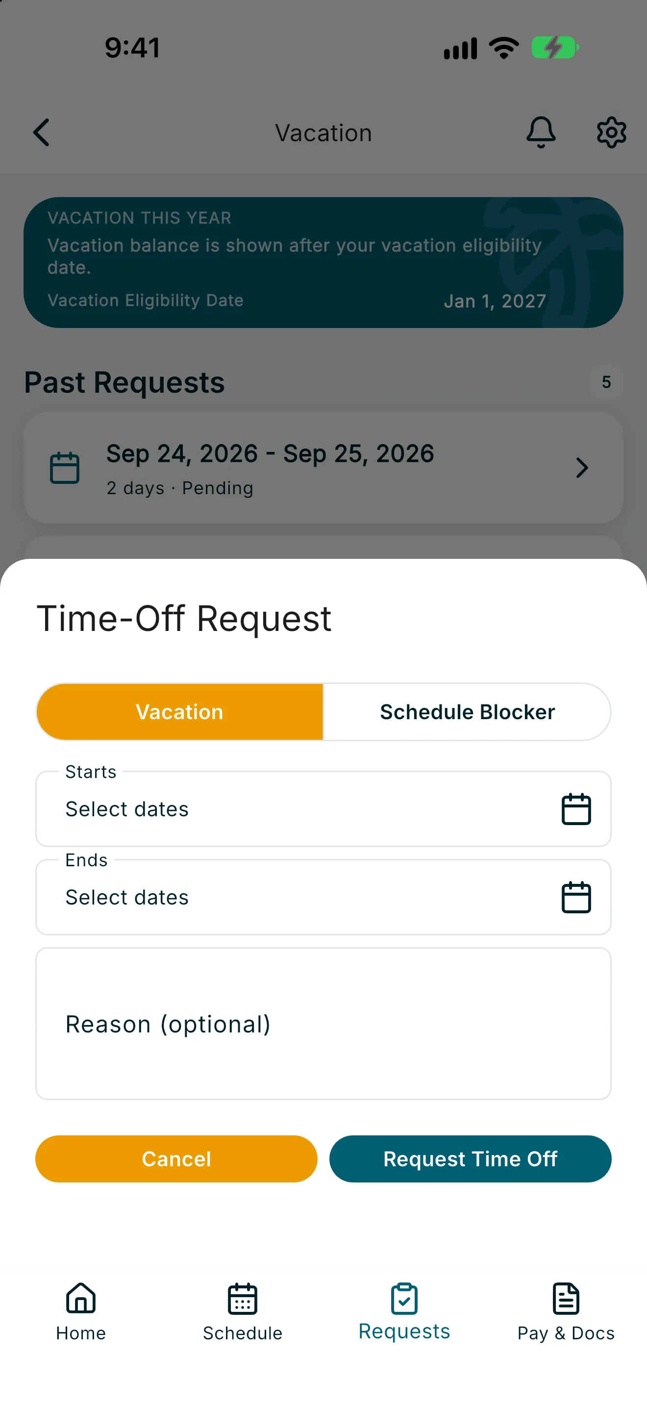 Time-Off Request form with Vacation type, date fields, and Request Time Off button